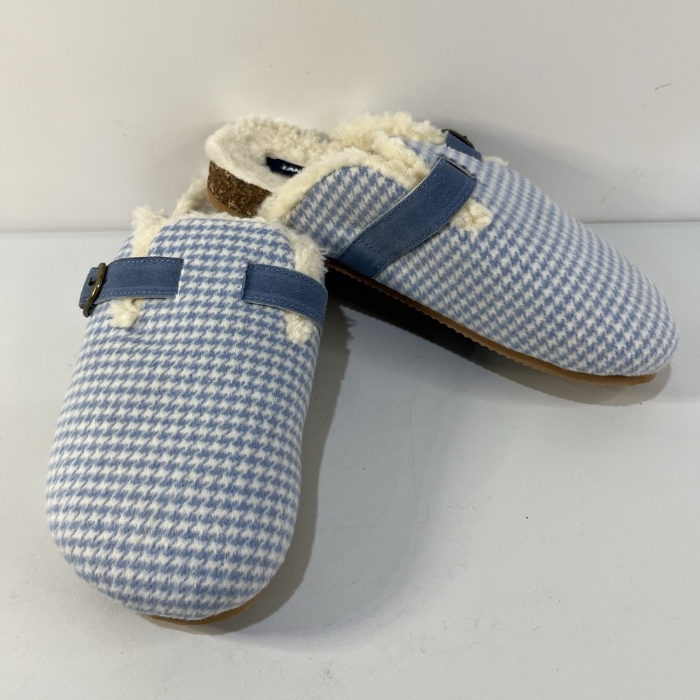 Lands End Cozy Sherpa Clog Slippers Womens Sz 10 Blue Gingham House Comfort